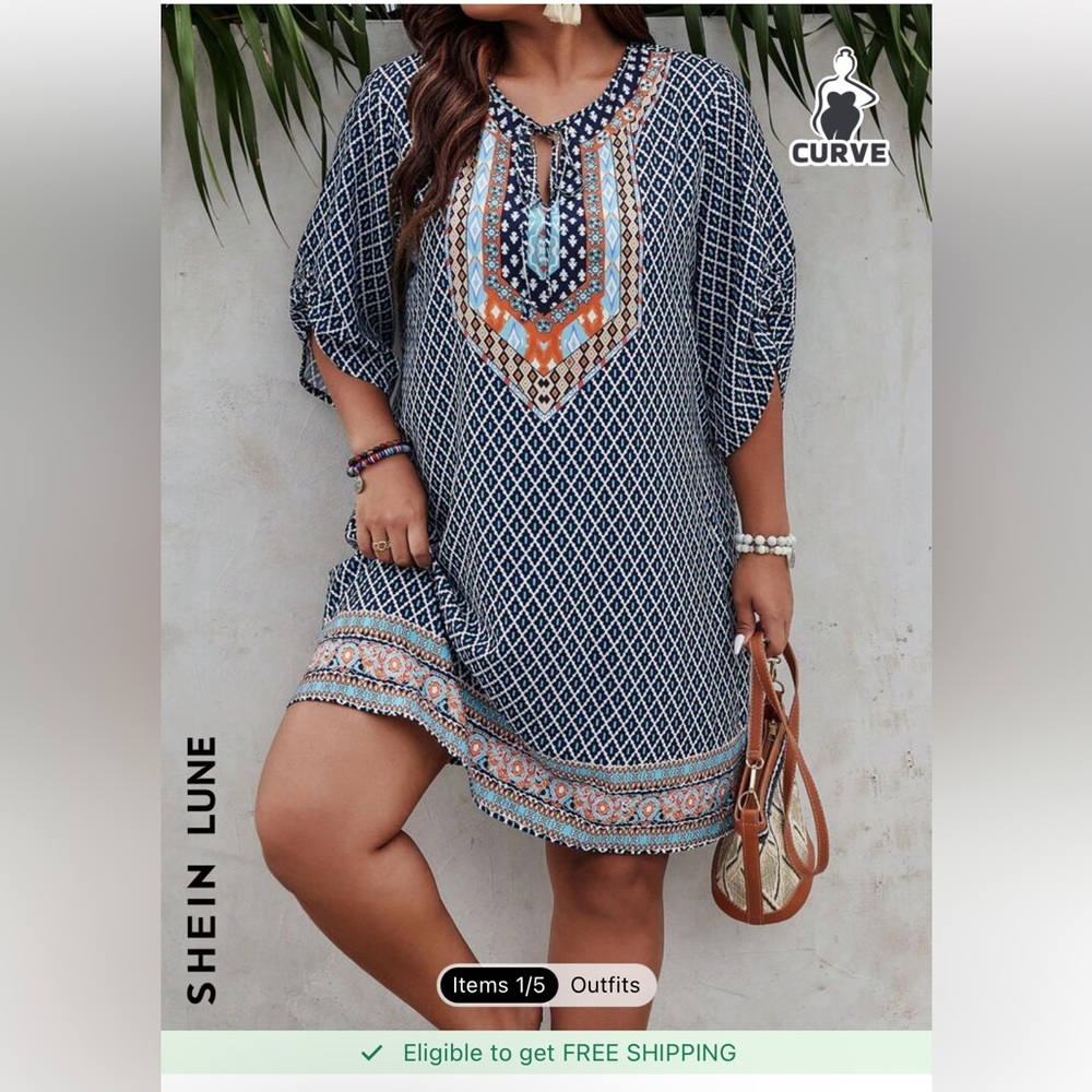 Tunic blue multicolored midi shein dress-